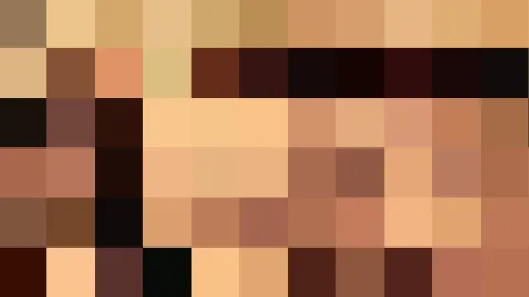 Grobes Pixelmosaik aus warmen Hauttönen, Ocker und dunklen Brauntönen in einem Raster aus Farbblöcken