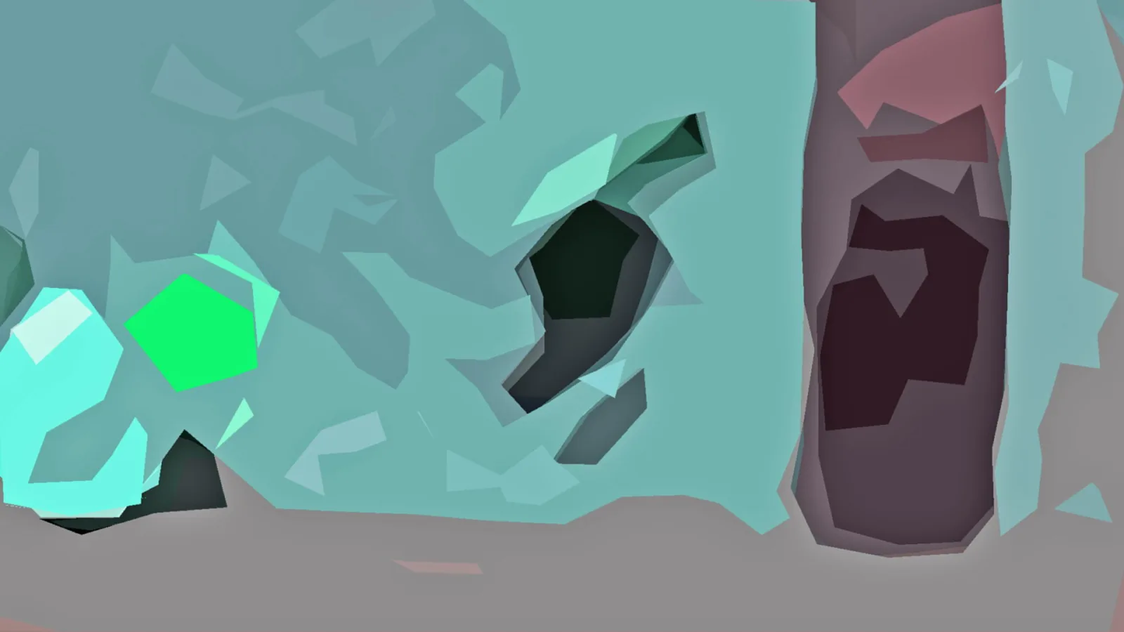 Abstrakte Komposition aus türkisfarbenen und grauen Polygonen, links ein leuchtend grüner Fünfeck, in der Mitte eine dunkle gebogene Form und rechts eine dunkelrosa Säule.