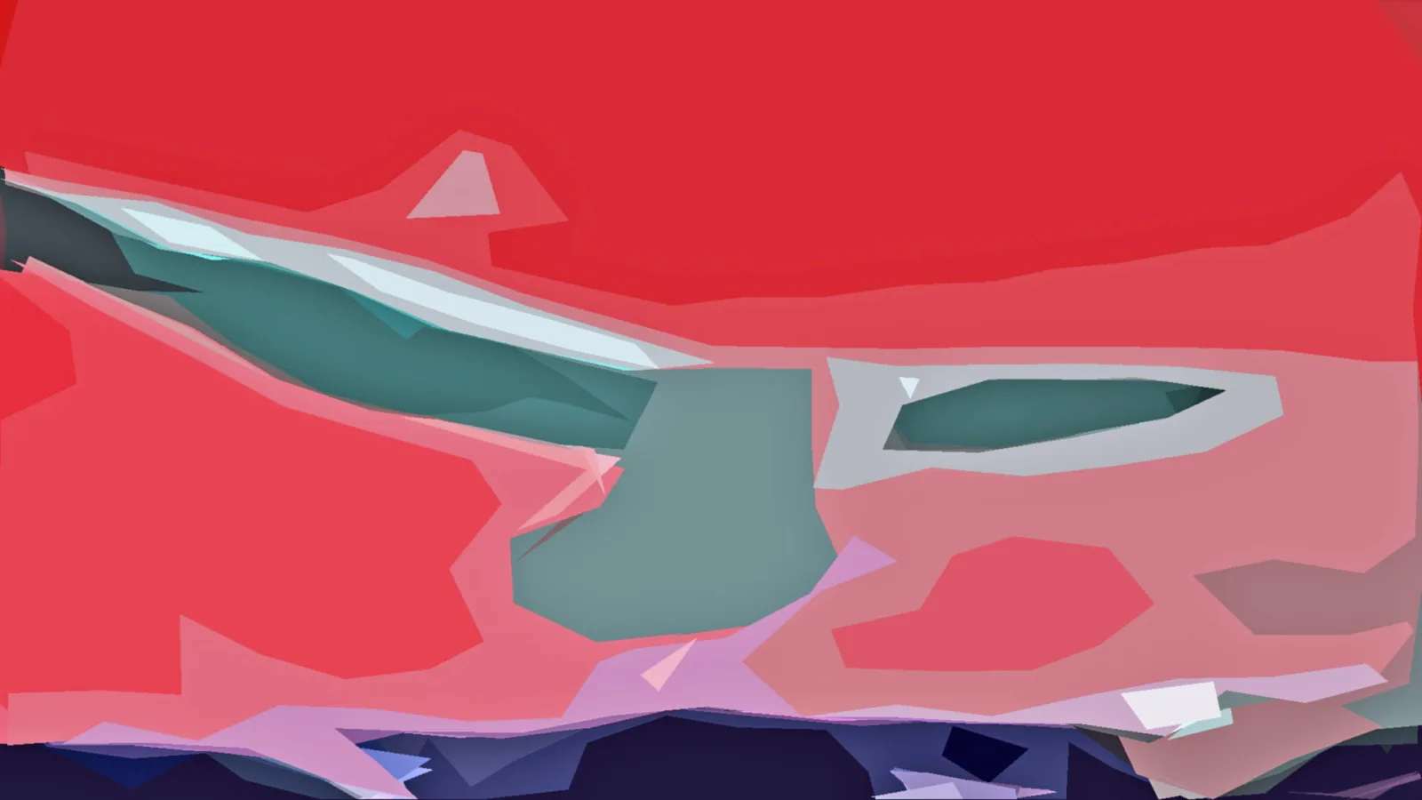 Abstraktes Gemälde mit großen roten Flächen, einer diagonalen petrolfarbenen Form und dunklen blauen Schatten am unteren Bildrand.