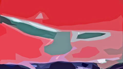 Abstraktes Gemälde mit großen roten Flächen, einer diagonalen petrolfarbenen Form und dunklen blauen Schatten am unteren Bildrand.