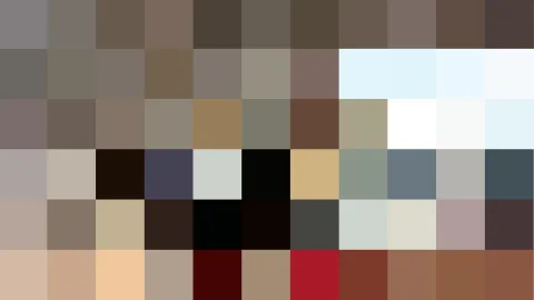 Quadratisches Raster aus farbigen Pixelblöcken in Braun-, Grau-, Schwarz- und Weißtönen, dazu einzelne hellblaue und rote Felder.