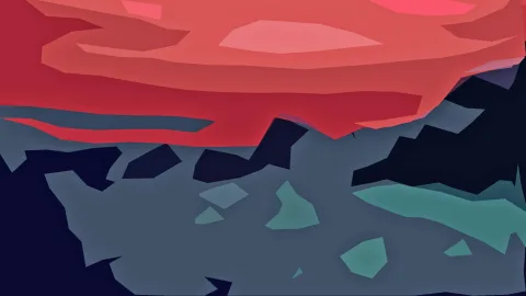 Abstrakte, kantige Landschaft mit leuchtend rotem Himmel, dunklen Hügelketten in Blau und Schwarz und einzelnen türkisfarbenen Flächen im Vordergrund.