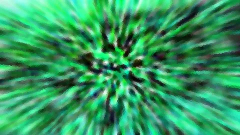 Abstrakte Komposition aus grünen, schwarzen und hellen Streifen, die von einem zentralen Punkt radial nach außen strahlen.
