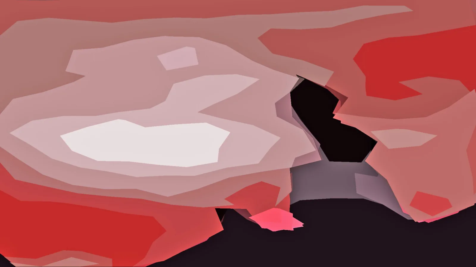 Abstrakte Komposition aus flachen, kantigen Farbflächen in Rot, Rosa, Weiß und Schwarz, mit einer hellen Fläche links der Mitte und einer dunklen Zone unten.