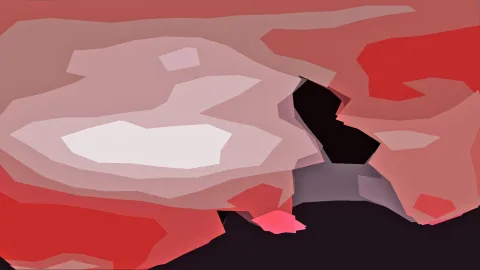 Abstrakte Komposition aus flachen, kantigen Farbflächen in Rot, Rosa, Weiß und Schwarz, mit einer hellen Fläche links der Mitte und einer dunklen Zone unten.