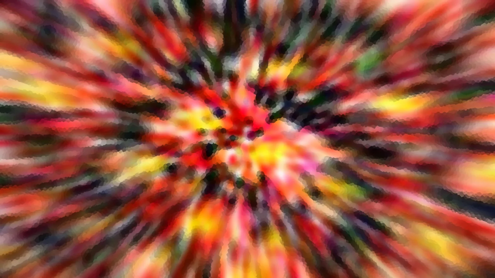 Abstrakte Komposition aus rot, gelb, grün und dunklen Farbflecken, die radial vom Zentrum nach außen verlaufen und mosaikartig verpixelt wirken.
