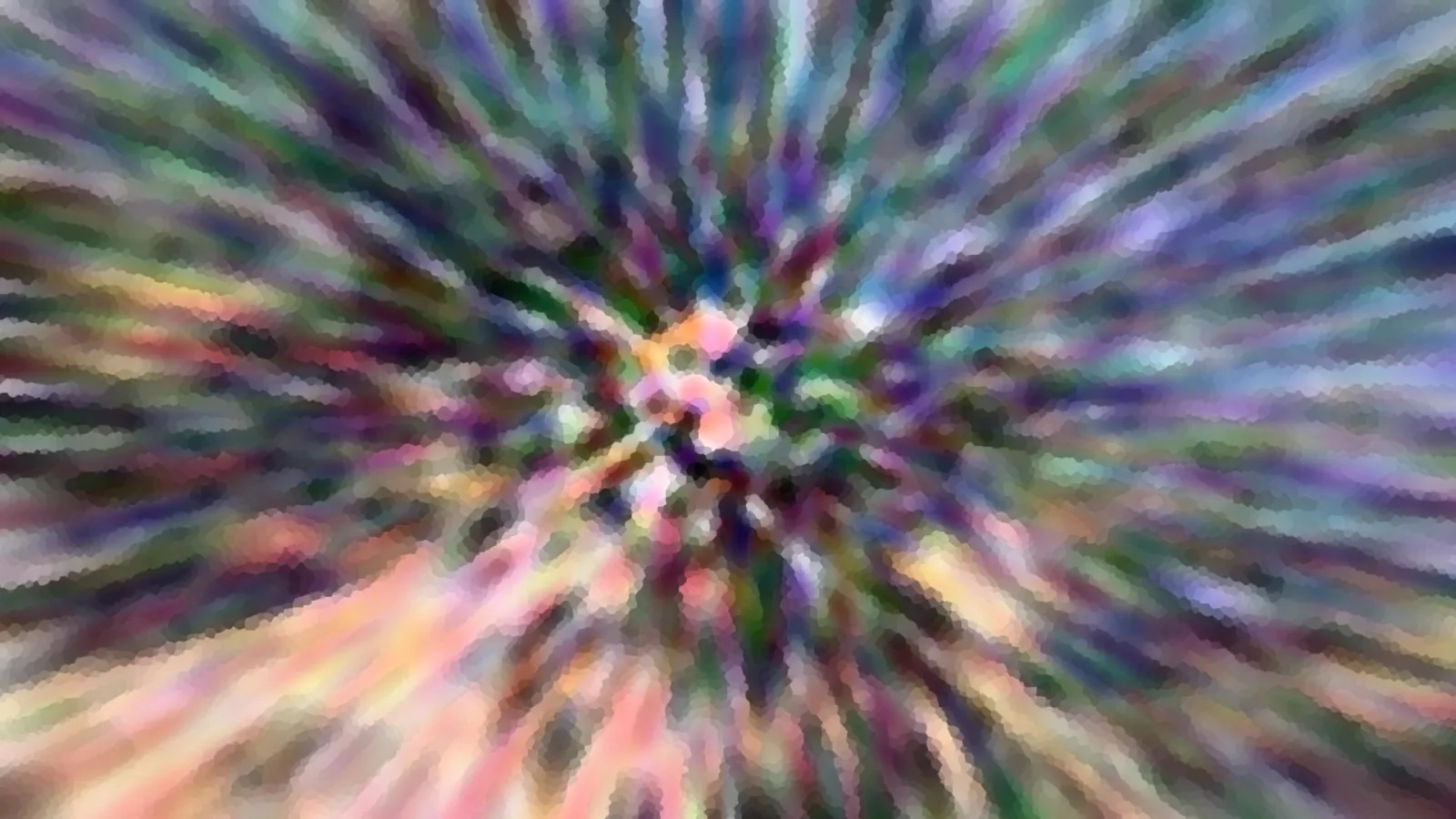 Abstrakte Komposition aus bunten, verwischten und pixeligen Farbstrahlen, die von einem hellen Zentrum radial nach außen laufen.
