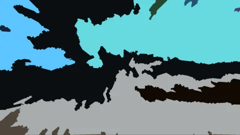 Abstrakte Komposition aus schwarzen, zackigen Formen auf hellblauem, türkisfarbenem und grauem Grund, unten ein dunkelbraunes Band.