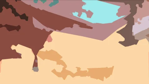 Abstrakte Komposition aus flachen Farbflächen in Beige, Braun, Mauve und Türkis.