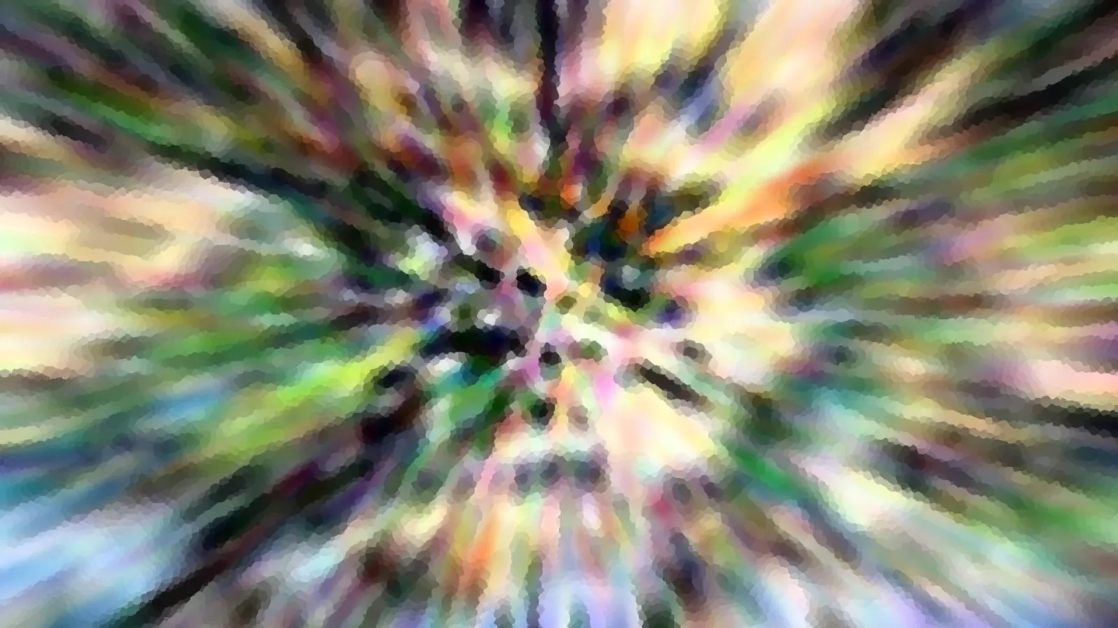 Abstraktes Bild mit bunten Streifen in Grün, Gelb und Violett, die von einem dunklen Zentrum radial nach außen laufen und mosaikartig gepixelt wirken.