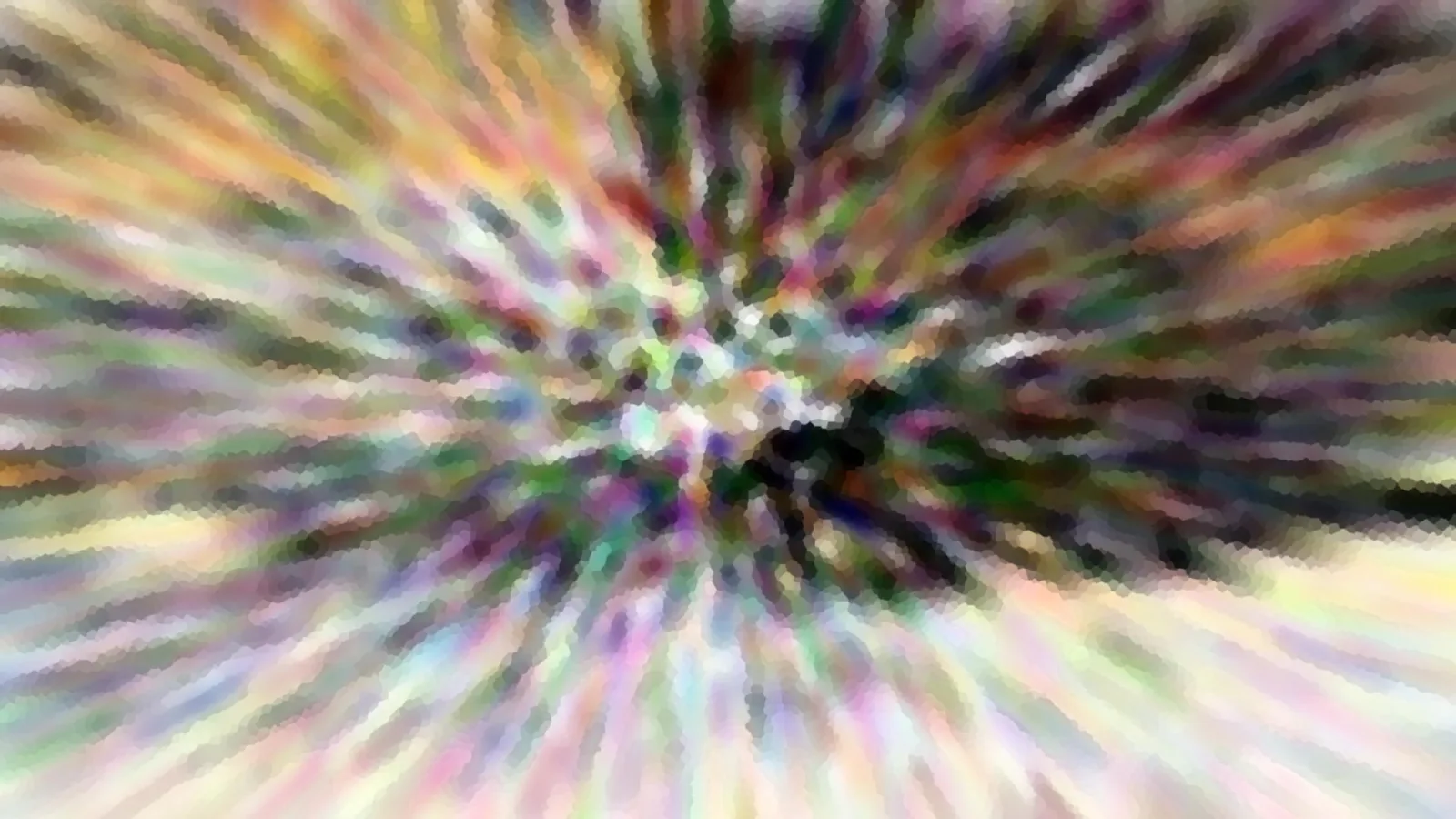 Abstraktes Bild mit bunten Farbstreifen, die von einem hellen Zentrum radial nach außen laufen, mit grobem Mosaikmuster.