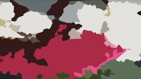 Abstrakte Komposition aus unregelmäßigen, flächigen Formen in Karminrot, Weiß, Dunkelbraun, Grau und Grün.