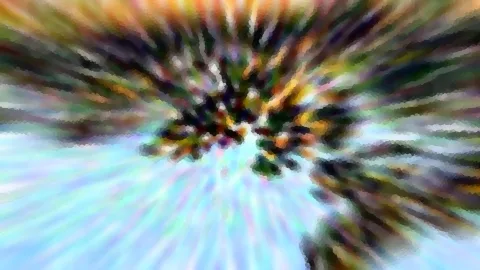 Abstrakte Aufnahme mit radialem Zoomeffekt: dunkles, buntes Blattwerk in der Mitte, umgeben von hellblauem Himmel.