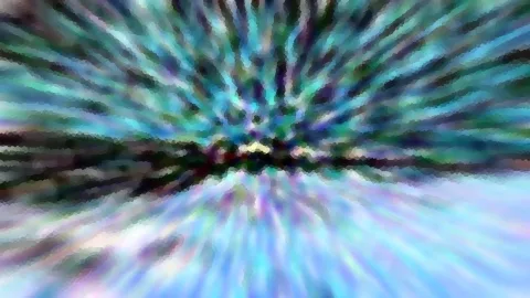 Abstrakte Komposition aus radial von der Mitte nach außen laufenden Streifen in Türkis, Blau und Violett, mit verwischten, pixeligen Kanten.