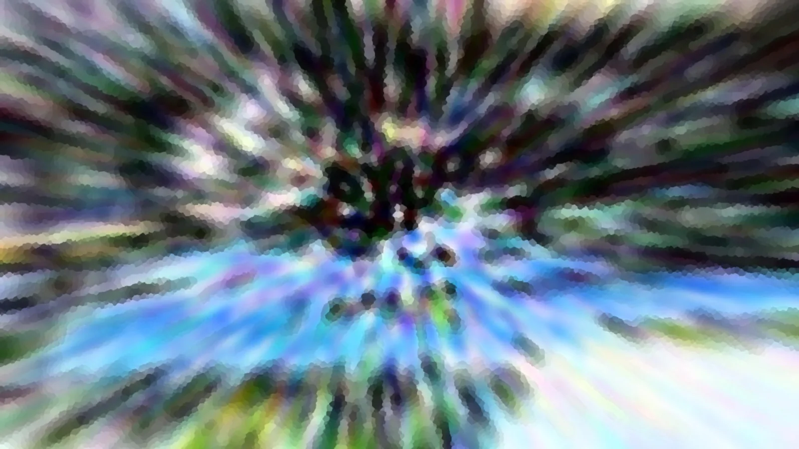 Abstrakte Komposition aus radial verlaufenden, verwischten Streifen in Blau, Grün und Violett, die von einem dunklen Zentrum nach außen strahlen.