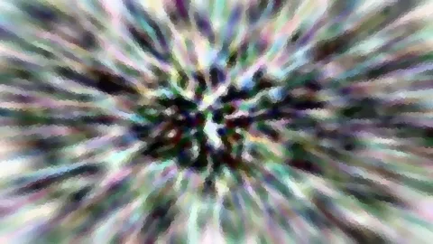 Abstrakte Komposition aus bunten Farbstreifen in Grün, Violett und Weiß, die von einem dunklen Zentrum radial nach außen strahlen, mit mosaikartiger Pixelstruktur.