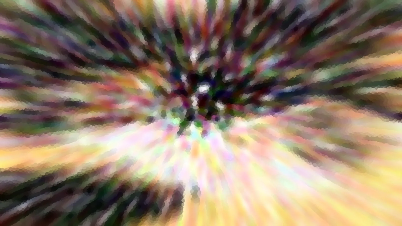 Abstraktes Bild mit bunten Streifen, die von einem dunklen Zentrum radial nach außen laufen, unten hellgelb und rosa.