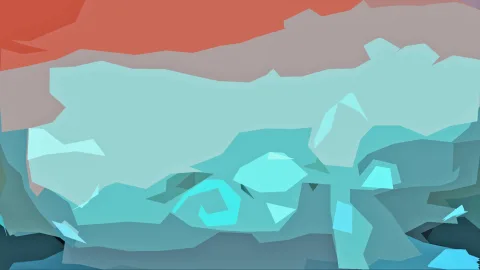 Abstrakte Komposition aus kantigen türkisfarbenen Flächen mit einem orangeroten Band oben und hellen Akzenten in Cyan.