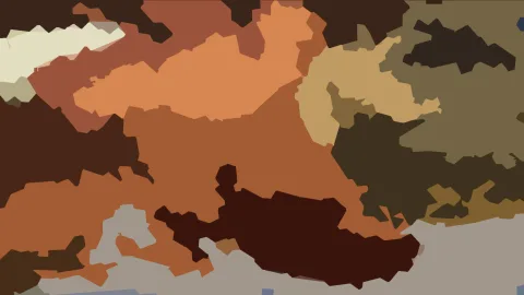 Abstraktes Muster aus unregelmäßigen, flachen Farbflächen in Braun, Ocker, Beige, Olivgrün und Grau.