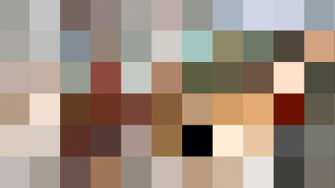 Mosaik aus quadratischen Pixelblöcken in Grau, Beige, Braun und Dunkelrot, das in einem groben Raster ein Gesicht andeutet.