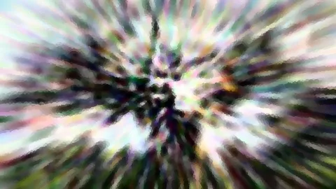 Abstrakte Komposition aus bunten, radial vom Zentrum ausgehenden Schlieren und grobkörnigen Pixelblöcken in Pastelltönen.