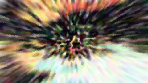 Abstrakte Komposition aus radial verlaufenden, bunten Streifen, die von einem dunklen Zentrum nach außen strahlen, mit pixeliger Mosaikstruktur.