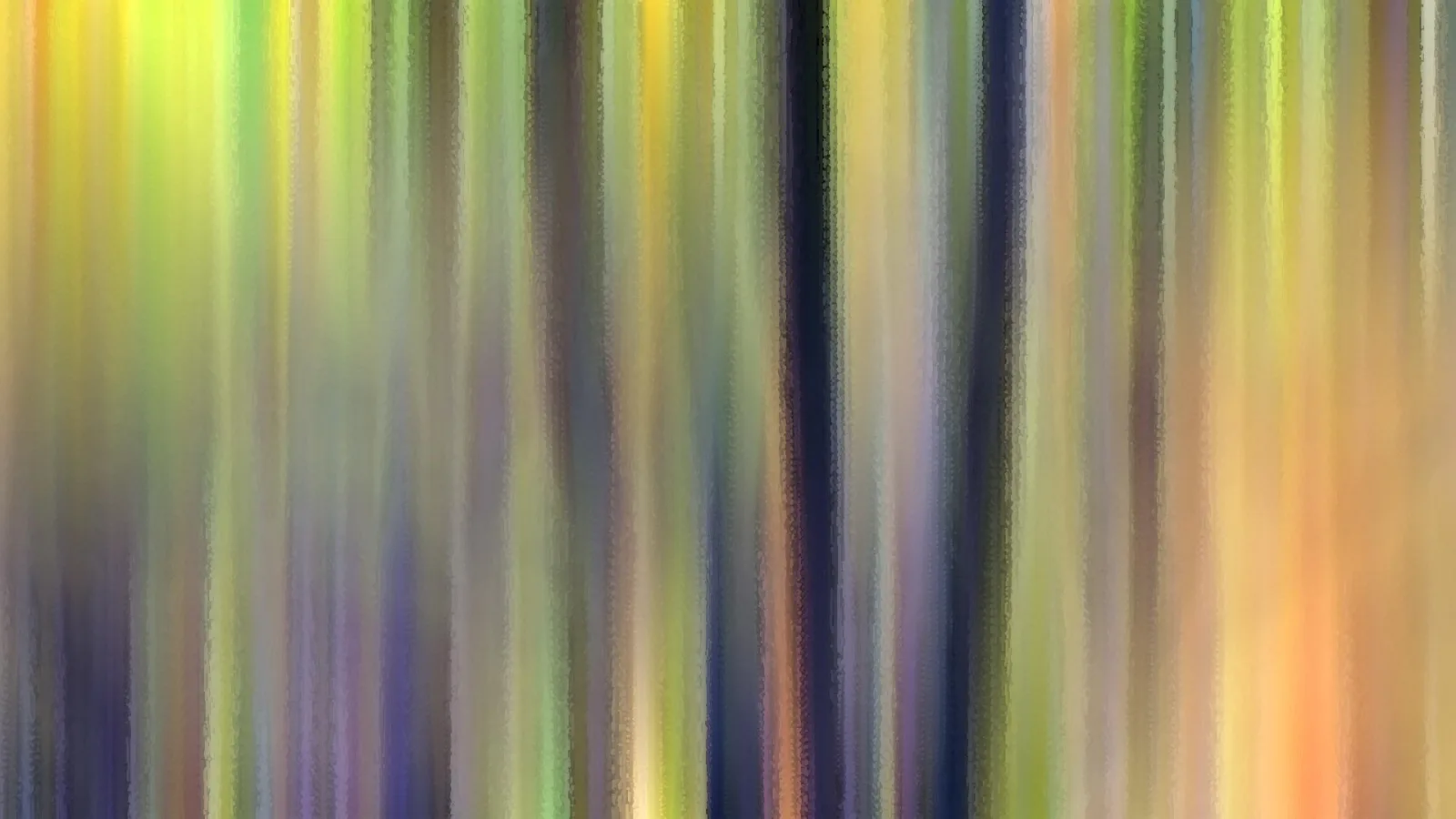 Abstrakte Komposition aus senkrechten, verwischten Streifen in Gelb, Grün, Blau und Orange, die an einen Wald erinnern.
