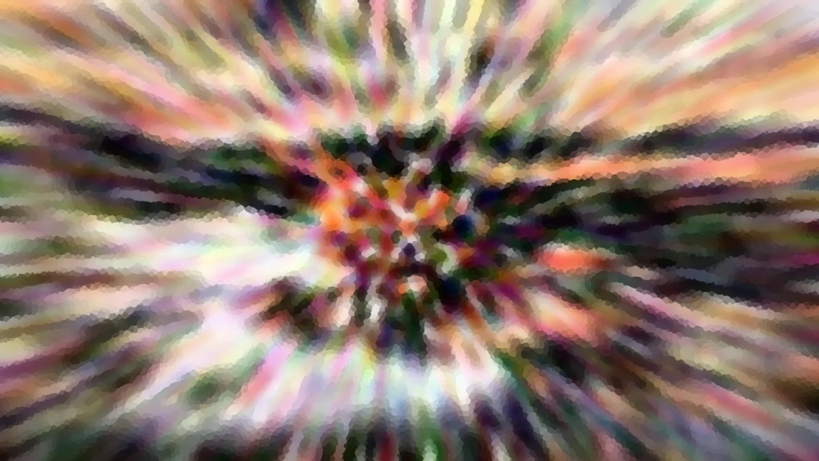 Abstrakte bunte Komposition aus radial angeordneten Farbstreifen, im Zentrum dichter und kleinteiliger.