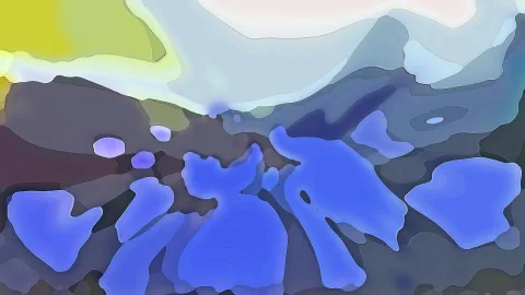 Abstrakte Komposition aus weichen blauen und violetten Formen auf dunklem Grund, oben hell mit gelben und weißen Flächen.