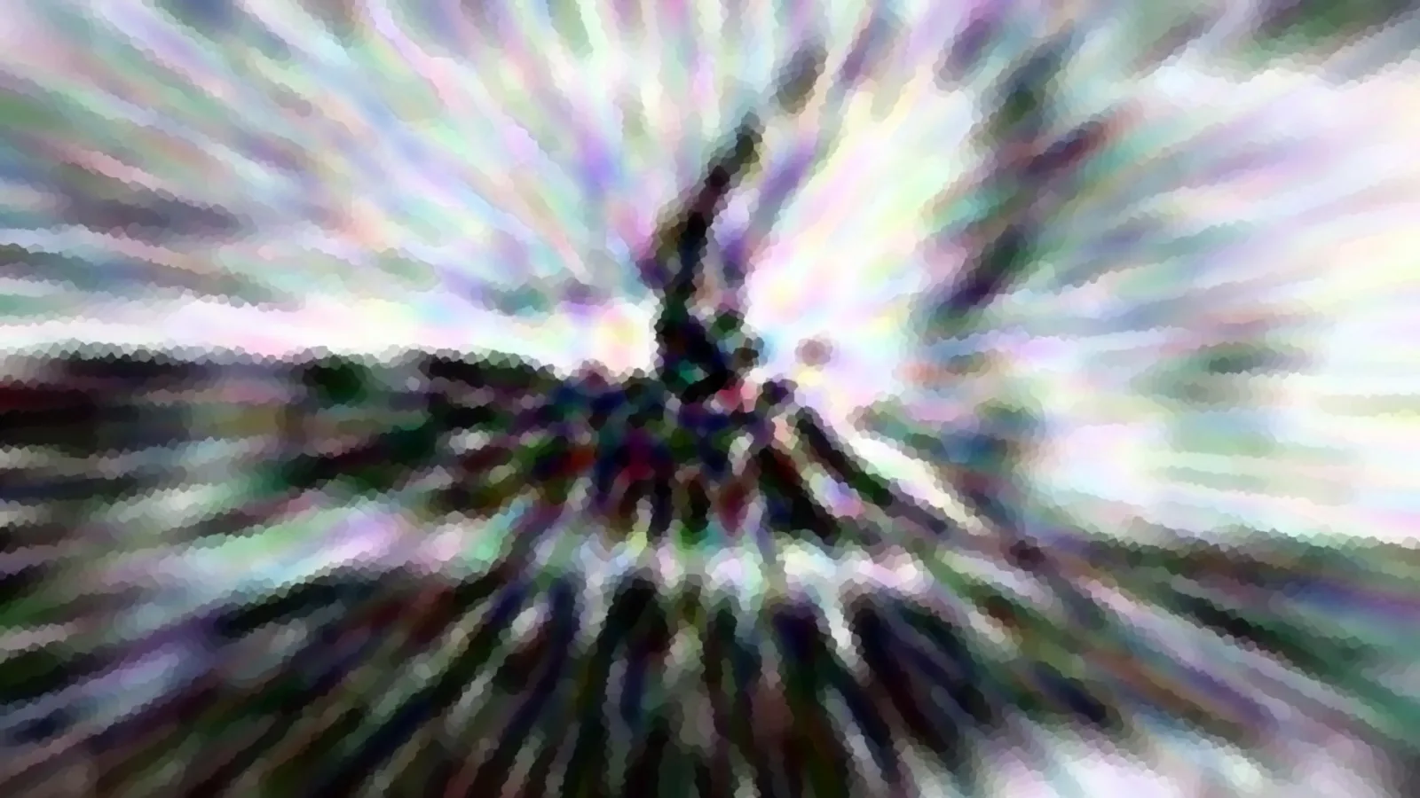 Abstrakte Komposition mit radial verwischten Farbstrahlen in Lila, Grün und Weiß, im Zentrum eine dunkle, verzerrte Silhouette, am Horizont eine dunkle Hügellinie.