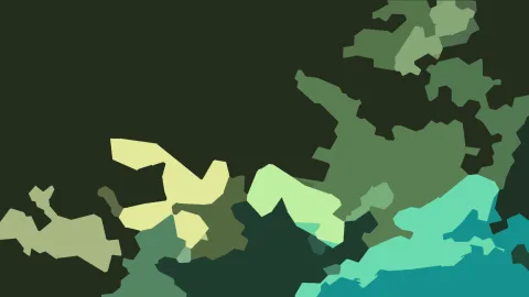 Abstrakte Formen in Grün, Gelb und Türkis auf dunklem Grund.