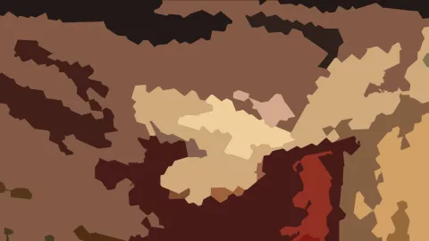 Abstrakte Komposition aus flachen, unregelmäßig geformten Flächen in Braun, Ocker, Beige und Dunkelrot.