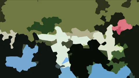 Abstrakte Komposition aus unregelmäßigen Farbflächen in Oliv, Schwarz, Weiß, Blau und Pink.