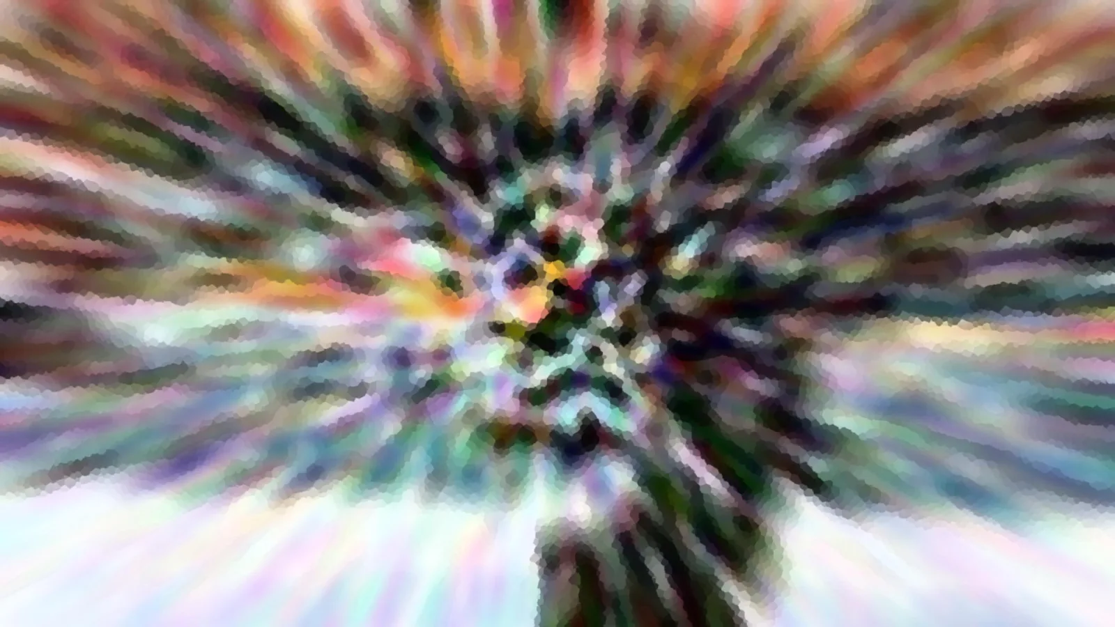 Abstrakte Komposition aus farbigen Streifen, die radial von einem dunklen Zentrum nach außen laufen, mit mosaikartiger Pixelstruktur.