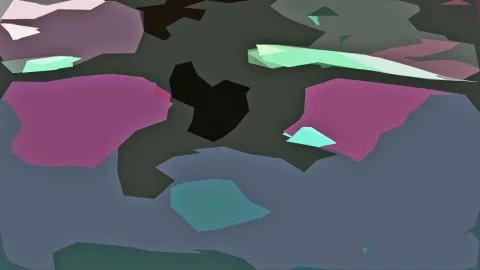 Abstrakte Komposition aus unregelmäßigen Flächen in Magenta, Blaugrau, Mintgrün, Schwarz und Petrol auf dunkel olivgrünem Grund.