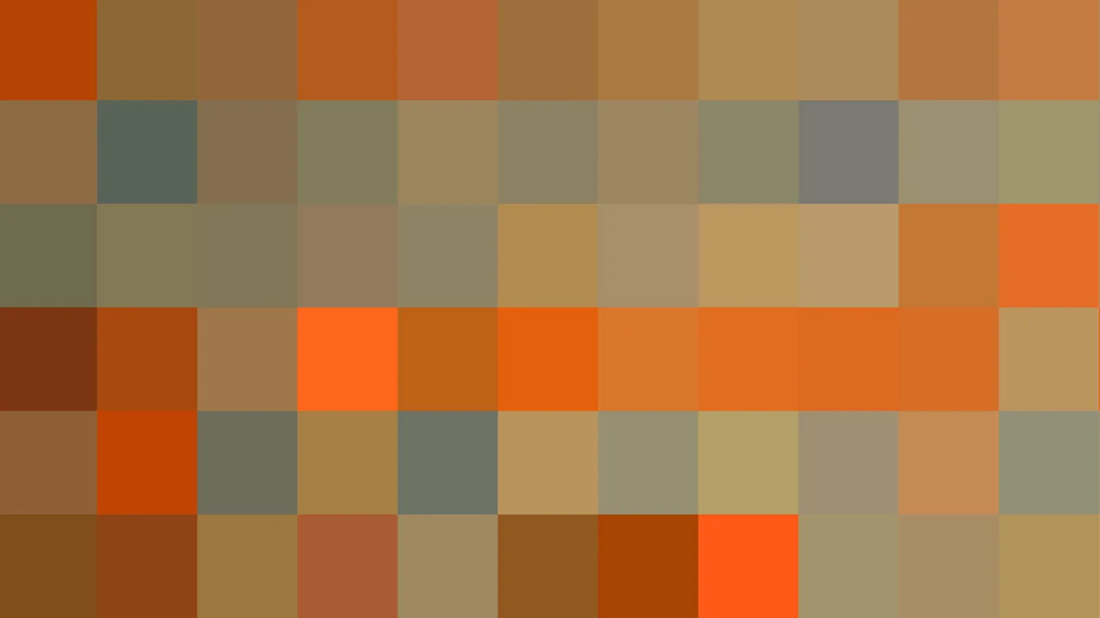 Abstraktes Mosaik aus quadratischen Pixeln in Orange, Braun und Graugrün, in sechs Reihen angeordnet.