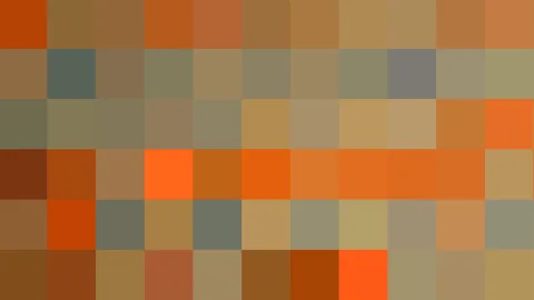 Abstraktes Mosaik aus quadratischen Pixeln in Orange, Braun und Graugrün, in sechs Reihen angeordnet.
