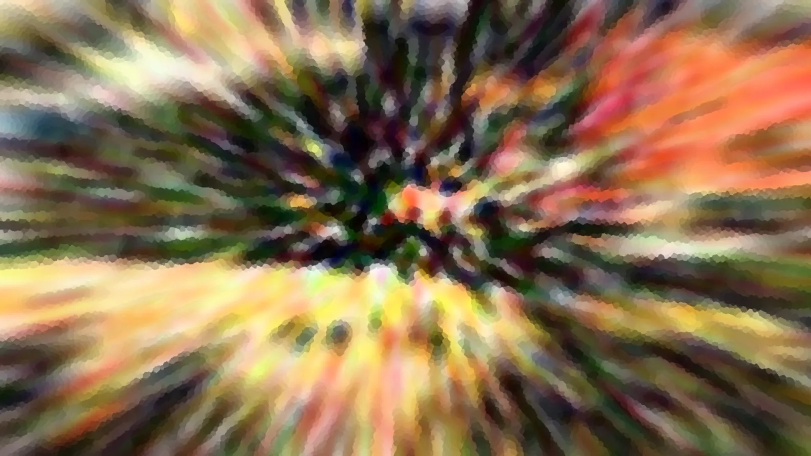 Abstrakte Komposition aus radial verlaufenden, bunten Streifen in Orange, Gelb und Grün um einen dunklen Mittelpunkt.