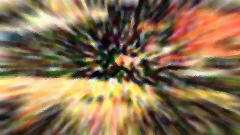 Abstrakte Komposition aus radial verlaufenden, bunten Streifen in Orange, Gelb und Grün um einen dunklen Mittelpunkt.