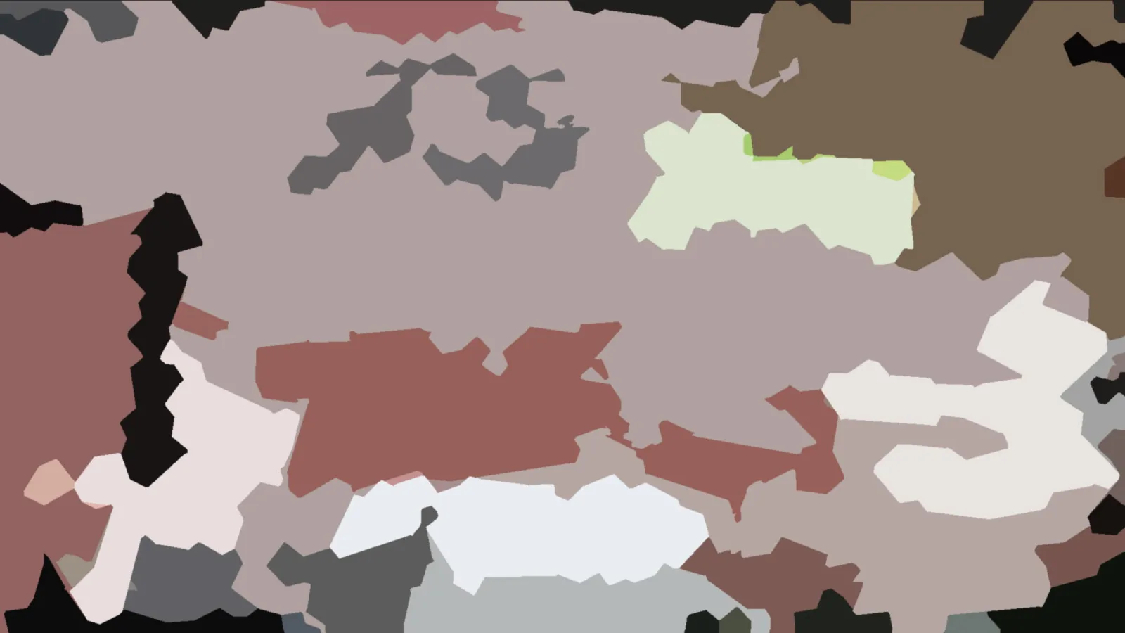 Abstraktes Bild aus unregelmäßigen Farbflächen in Mauve, Schwarz, Braun, Weiß und Grau, ohne erkennbares Motiv.