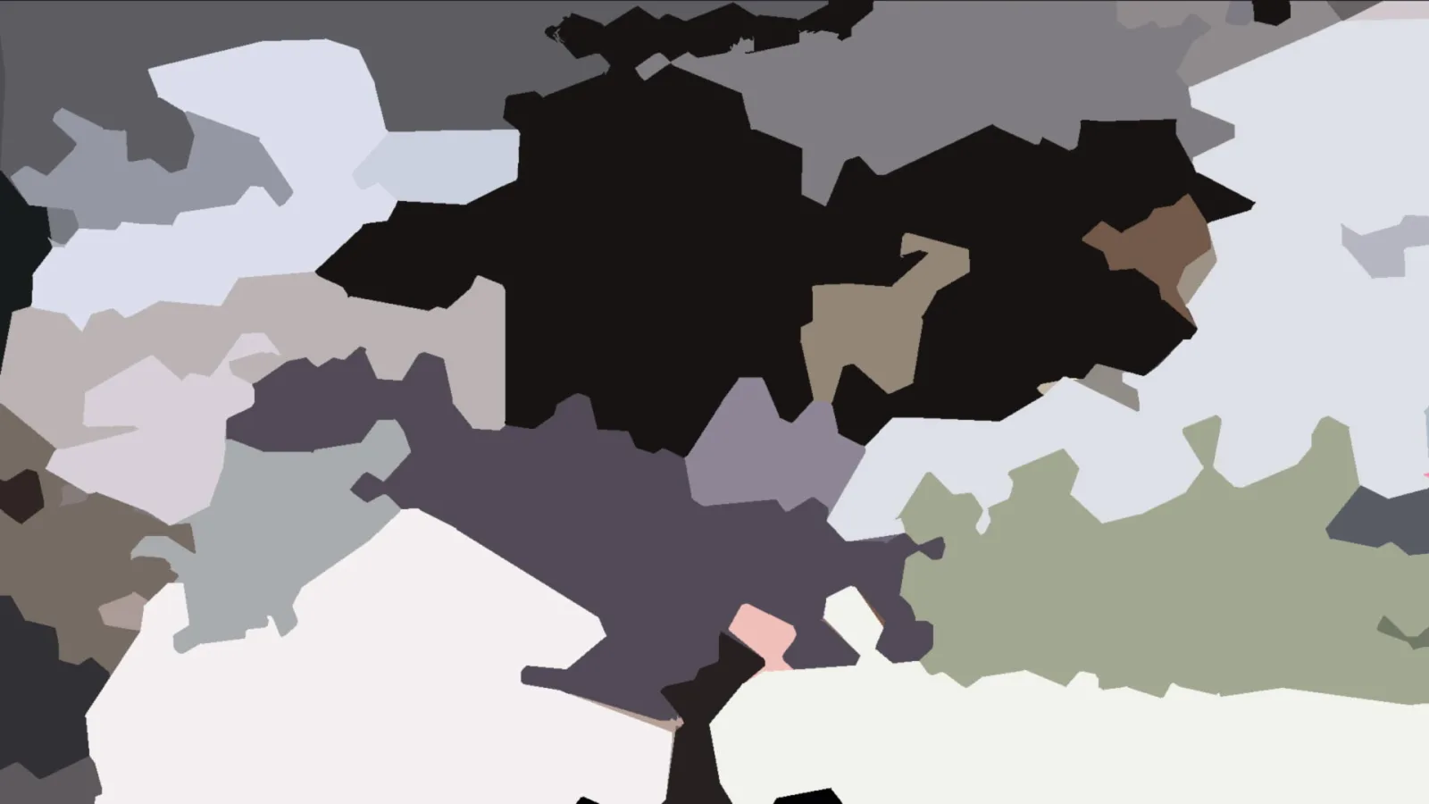 Abstrakte Komposition aus unregelmäßigen, flächigen Formen in Schwarz, Grau, Lavendel, Salbeigrün, Weiß, Braun und einem hellen Rosa.