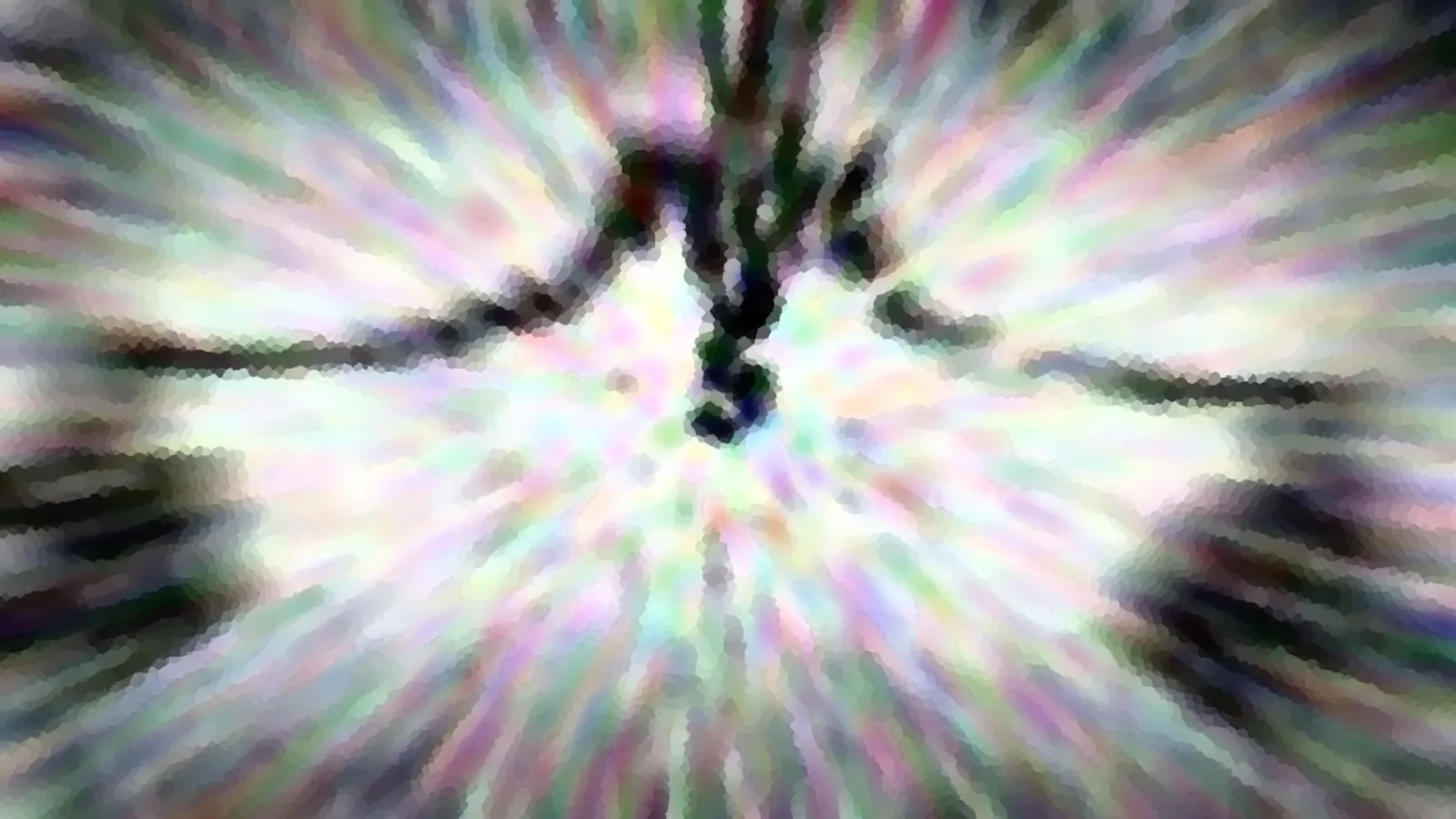 Abstraktes Bild mit radialen, verwischten Farbstrahlen in Pastelltönen aus Grün, Rosa, Weiß und Lila. In der Mitte zeichnen sich dunkle, astartige Formen ab.