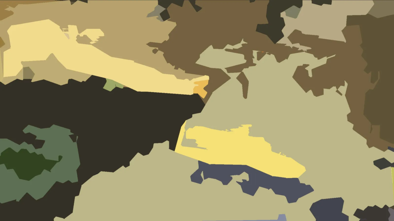 Abstraktes Bild aus unregelmäßigen, flächigen Formen in Beige, Ocker, Gelb, Olivgrün, Dunkelbraun und Schiefergrau.
