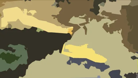 Abstraktes Bild aus unregelmäßigen, flächigen Formen in Beige, Ocker, Gelb, Olivgrün, Dunkelbraun und Schiefergrau.
