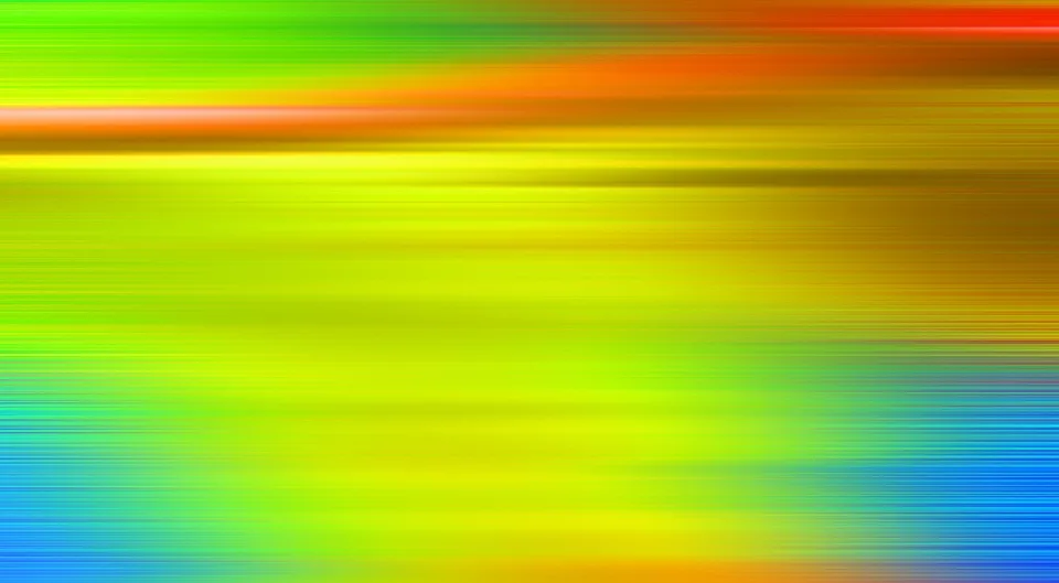 Abstrakte horizontale Streifen in Grün, Gelb, Orange und Rot mit blauen Akzenten am unteren Rand, weich verlaufend und bewegungsartig verwischt.