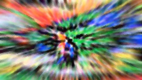 Abstrakte Komposition mit radial von einem dunklen Zentrum ausstrahlenden Farbschlieren in Grün, Orange, Blau und Gelb, grob gerastert.
