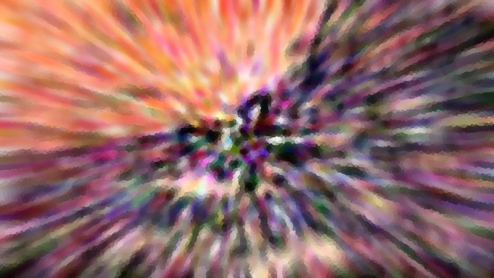Abstraktes Bild mit farbigen Streifen, die von einem dunklen Zentrum radial nach außen laufen, orange oben links, lila und grün rechts unten.