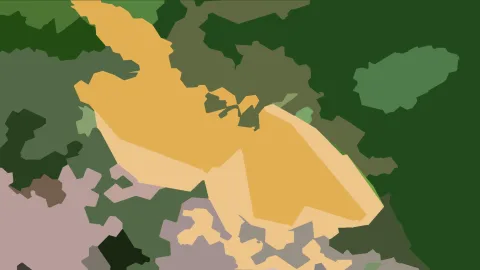 Abstrakte Komposition aus unregelmäßigen Flächen in Grün, Gelb, Ocker und Grau-Rosa, im Zentrum eine helle gelbe Form mit Schattierungen.