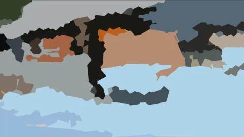 Abstrakte Komposition aus schwarzen, orangefarbenen, lachsfarbenen und hellblauen Flächen mit unregelmäßigen Kanten.