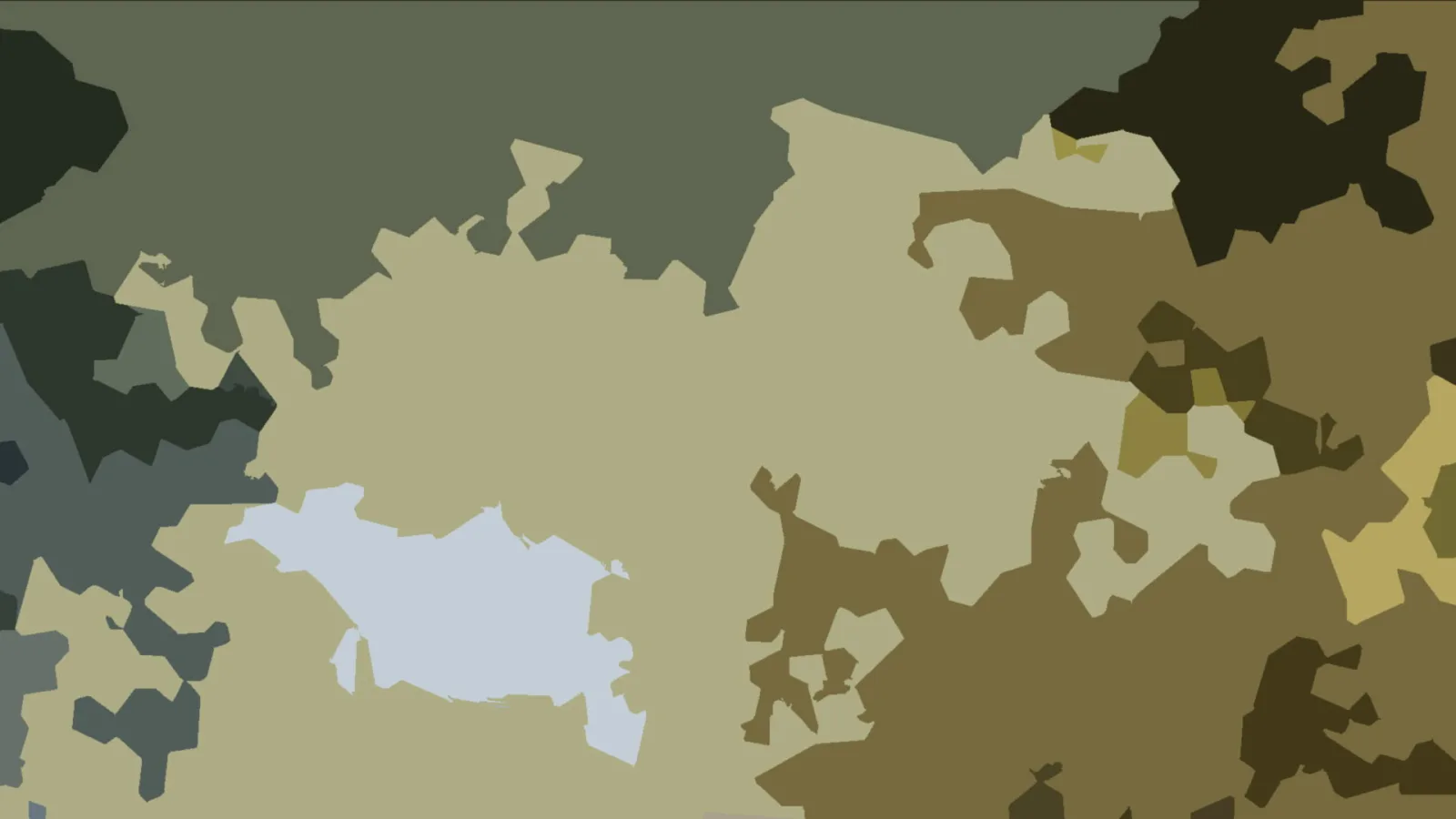 Abstraktes Muster aus unregelmäßigen, verzahnten Flächen in Oliv, Khaki, Dunkelgrün und einem hellblauen Fleck.
